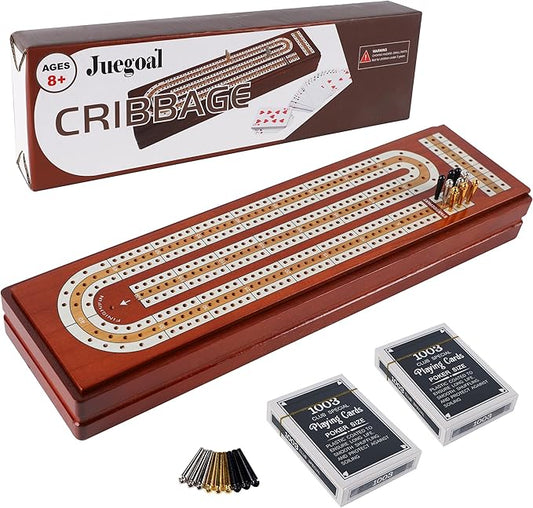 Juegoal Upgrade Wood Cribbage Board Game Set, Solid Wooden Continuous 3 Track Board with Larger Storage Area, 9 Metal Pegs and 2 Decks of Playing Cards, Travel Portable Cribbage Game Sets