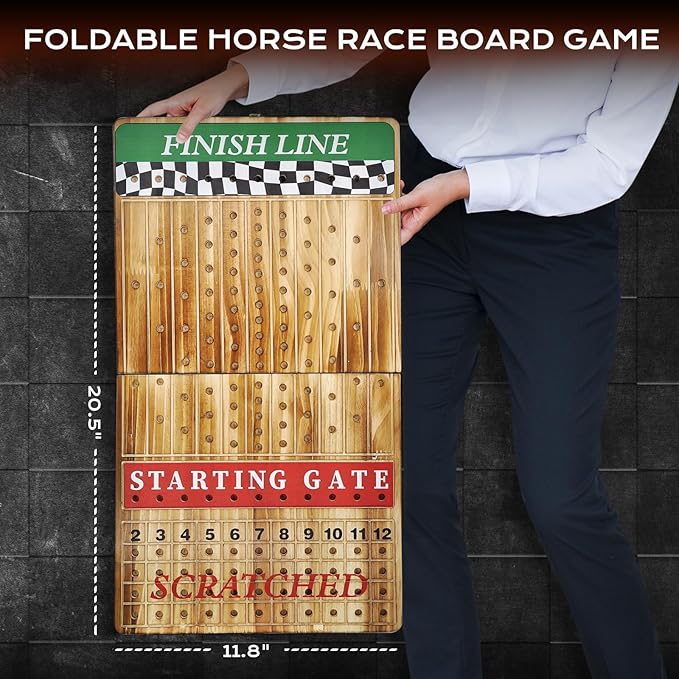 MerryPony 21 Inches Large Horse Racing Game with 11 Metal Horses, Foldable Solid Wood Horse Race Board Game with 100 Pcs Poker Chips 2 Dice and 2 Pack of Cards for Family Friends Camping Party