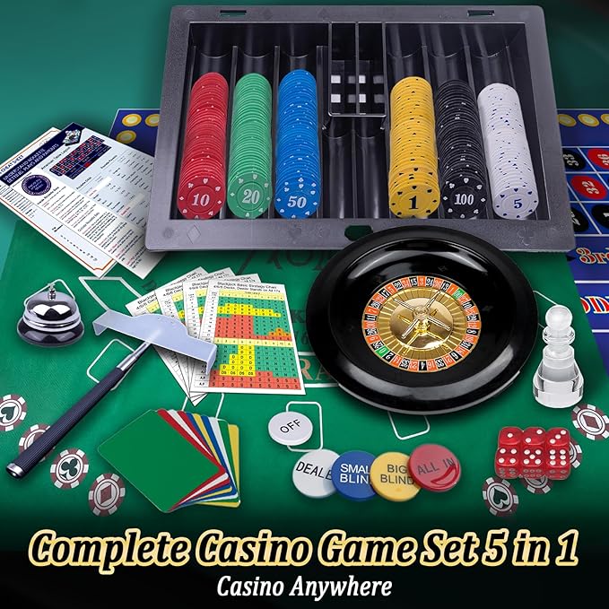 5 in 1 Premium Casino Game Set: Blackjack/Roulette/Craps/Texas Holdem/Poker Game Kit with 360 Chip+8 Deck Card+Roulette Wheel+2 Two-Sided Felt+6 Dice+Stratedgy Card,Texas Holdem Poker Blackjack Set
