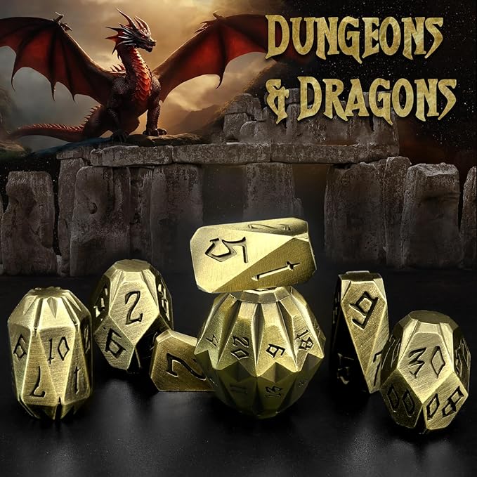 Metal Dice Set for DND, ZHOORQI 7 Pcs Polyhedral Dice, Perfect for Dungeons and Dragons, RPG Role Playing Games - Unique Cool Dice with Stonehenge Themed Design for Games Gifts(JS-Bronze)