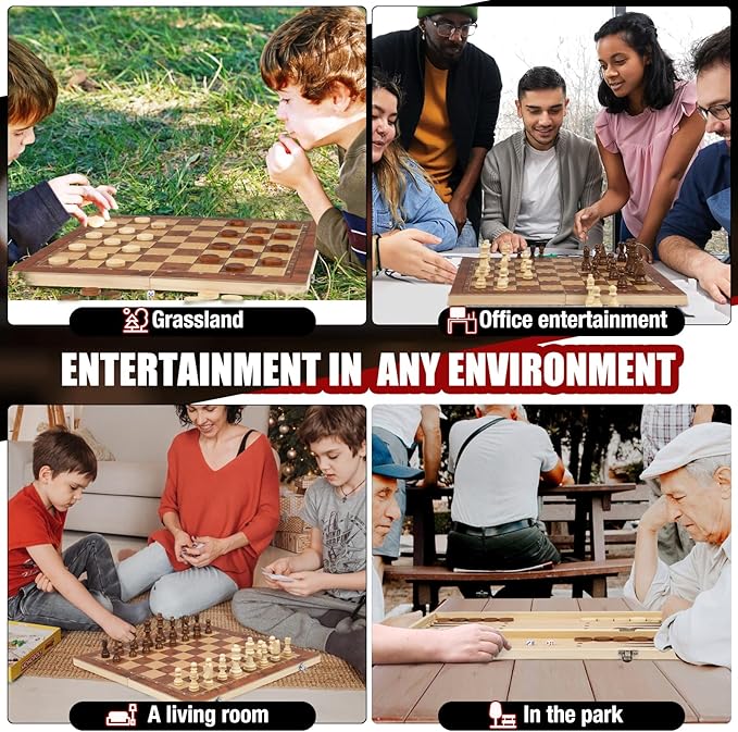 Chess Checkers Backgammon 3-in-1 Board Games Sets, Wooden Chess Set for Adults & Kids, 17.2" Lightweight Checkers Board Game,Strategy Backgammon Sets for Adults, Travel Chess Board Game Pieces Storage
