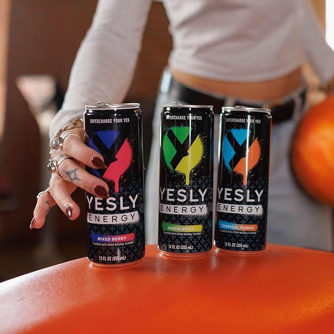 Yesly Energy Drink, Mixed Berry, Naturally Flavored Sparkling Energy Drink With Electrolytes, Magnesium, Potassium, Vitamin C, B6 & B12, Natural Caffeine From Green Tea, 12 Fl Oz Cans, 12 Pack
