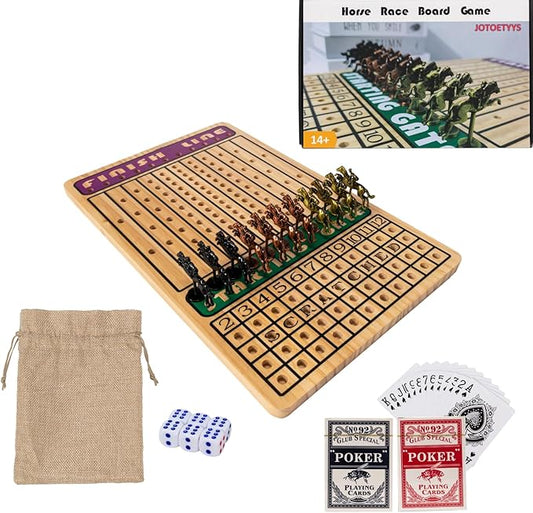 Horse Race Board Game, Horse Racing Game with 11 Luxury Metal Horses, 4 Dice, 2 Boxes of Cards, and Thickened Wood Horse Race Game Board