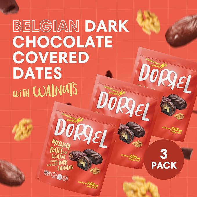 DORREL - Belgian Dark Chocolate Covered Dates (Medjool) with Walnuts Stuffing, High Energy Vegan Choco Snack, Delicious, Kosher & Non-GMO, Pack of 3 Stuffed Chocolate Dates, 7.05 oz / 200 g Ea