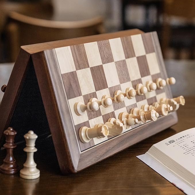 15 Inches Magnetic Wooden Chess Set, Portable Travel Chess with Magnetic Lock, Handmade 3 Inches King Height Knight Staunton Chess Pieces with 2 Extra Queen, Folding Chess Board for Adults