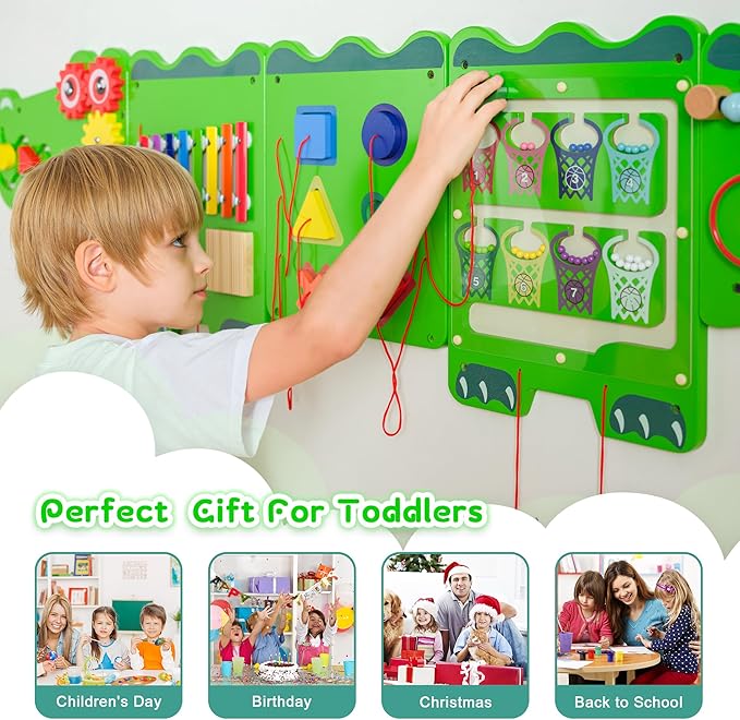 Crocodile Sensory Toys Activity Wall Panels, Educational Montessori Busy Board for Toddlers 18m+, Activity Cube - Sensory Wall, Wooden Learning Toys, Interactive Toys, Green