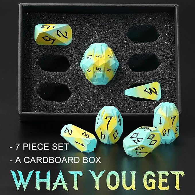 Metal DND Dice Set, Dungeons and Dragons DND Dice of 7 RPG Dice Set Metal Unique Cool Polyhedral D and D Dice with Cardboard Box for Role Playing Games TTRPG Gifts (Blue Yellow)