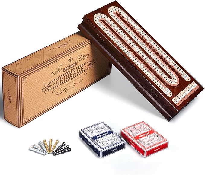 AMEROUS Wooden Cribbage Board Game Set with Magnetic Lock / 9 Metal Pegs / 2 Decks of Playing Cards/Larger Storage Area/Instruction, Classic Tabletop Game for Family (3 Track Board)