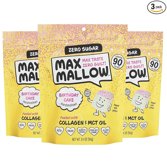 Max Mallow Sugar Free Marshmallows - Keto Friendly, Perfect for S'mores, Hot Chocolate, and Baking with Zero Sugar Snacks, Smores Mct Oil Zero Sugar Marshmellow Marshmallow Birthday Cake, 3 Pack