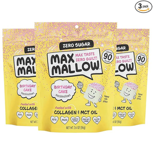 Max Mallow Sugar Free Marshmallows - Keto Friendly, Perfect for S'mores, Hot Chocolate, and Baking with Zero Sugar Snacks, Smores Mct Oil Zero Sugar Marshmellow Marshmallow Birthday Cake, 3 Pack