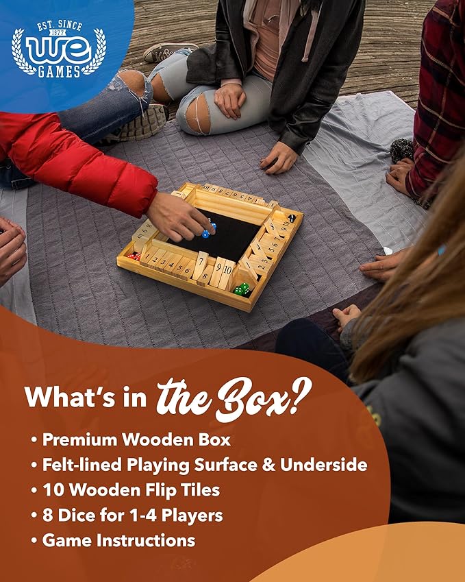 WE Games Wooden Shut The Box Game 4 Player - 10 Number Tiles & 8 Dice - Large 14-Inch, Natural Wood Finish