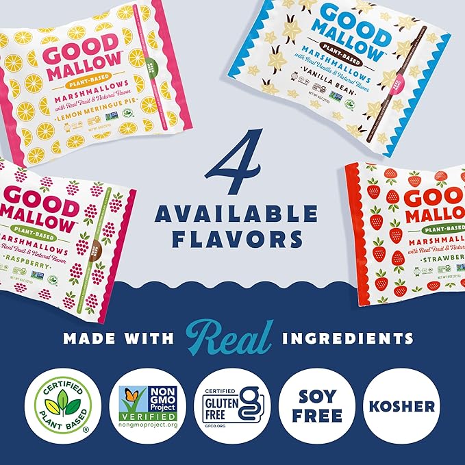 GoodMallow Vegan Marshmallows - Large Kosher Halal Gluten Free Dairy Free Healthy- Natural Gelatin Free Marshmallows for Hot Chocolate, Smores, Baking - Nothing Artificial (White Vanilla) (Pack of 1)