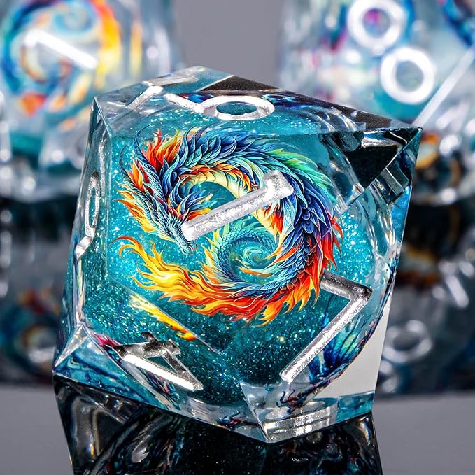 Dragon Pattern Liquid Core DND Dice Set, 7Pcs Sharp Edge D&D Dice with Gift Box, Blue Resin Dungeons Dragons D and D Role Playing Dice D20 D12 D10 D8 D6 D4