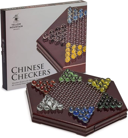 Yellow Mountain Imports Wooden Chinese Checkers Halma Board Game Set (12-Inch) with Storage Drawer and 60 Colored Glass Marbles (14mm) - Classic Strategy Game