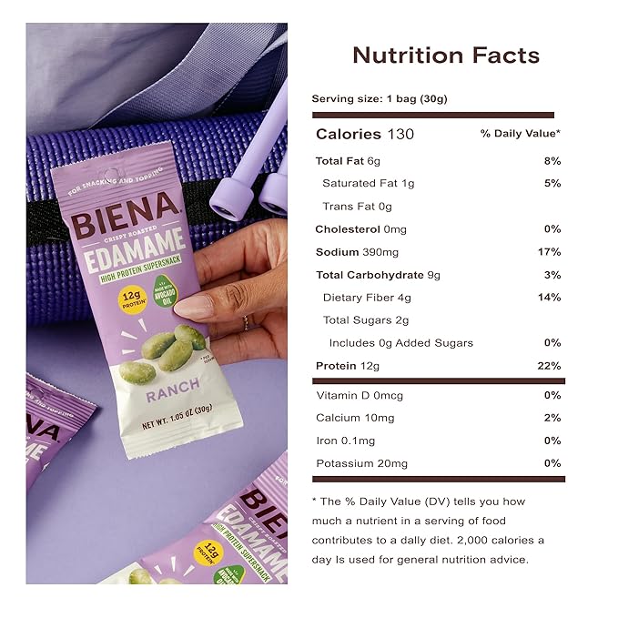 Biena Crispy Roasted Edamame Beans Snack – High Protein Low Carb Snack for Adults & Kids, 12g Protein per Serving - Made w/Avocado Oil – Vegan, Gluten-Free – 10-Pack, 1.05oz Bags, Ranch