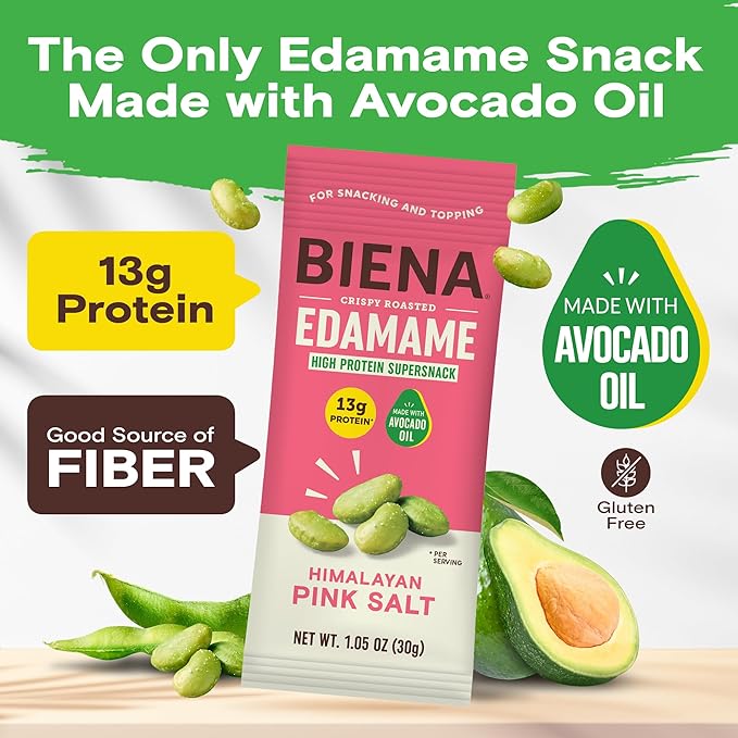Biena Crispy Roasted Edamame Beans Snack – High Protein Low Carb Snack for Adults & Kids, 13g Protein per Serving - Made w/Avocado Oil – Vegan, Gluten-Free – 10-Pack, 1.05oz Bags, Himalayan Pink Salt