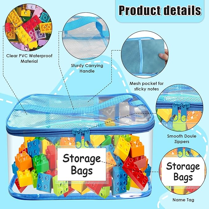 8 Pack Large Clear Toy Storage Bags with Zipper - 9.4x6.7x5.1In Waterproof PVC Organization for Lego, Building Blocks, Board Games & Puzzles - Includes Name Tag (Colorful)