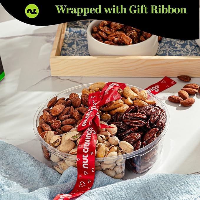 NUT CRAVINGS - Mixed Nuts Gift Basket + Heart Ribbon (4 Assortments) Food Arrangement, Healthy Snack Care Package, Kosher