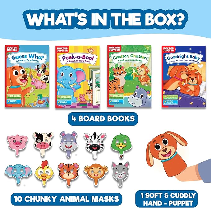 Doctor Jupiter Storytelling Set for Toddlers | Gift for 1-3 Year Old Boys & Girls | Includes 4 Board Books,10 Animal Masks & 1 Hand Puppet |Great for X-Mas or Birthdays|Educational Toy for Ages 1-2-3