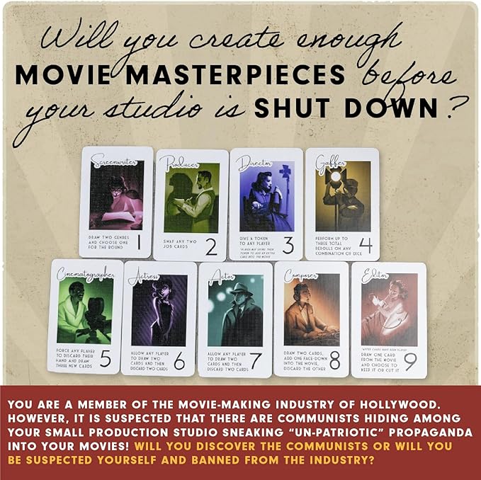 Hollywood 1947 Board Game, Movie Making Game for Friends and Family, Board Game of Cards, Strategy, and Deceit, for 1-9 Players, Ages 14+