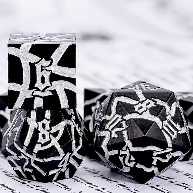 D&D Stripe Dice Set,Black Metal Dungeons and Dragons Dice Set with Box, Crack Polyhedral Dice for RPG Board Games (Matte Black Silver)