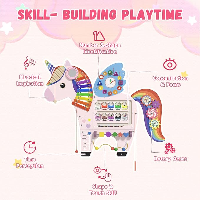 Unicorn Sensory Wall Panel for Kids - Activity Wall Busy Board Panels, Montessori Toddler Wall Activity Board, Wall Toys for Toddlers 3, Activity Cube, Perfect for Toddler Playroom, Pink