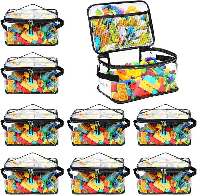 8 Pack Extra Large Clear Toy Storage Bags, Large Capacity Transparent Waterproof PVC Toy Organizing Bags with Name Tag and Manual Pocket for Building Blocks Board Games, Puzzle, Kids Books (Black)
