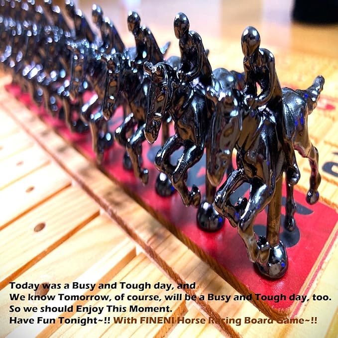 Horse Racing Board Game with Luxurious Durable Metal Horses, 11 Pieces, Black, Real Pine Wood Horseracing Game Board, Dice and Cards