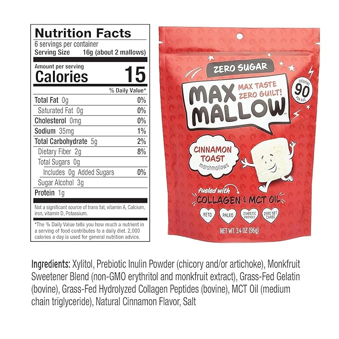 Max Mallow Sugar Free Marshmallows - Keto Friendly, Perfect for S'mores, Hot Chocolate, and Baking with Zero Sugar Snacks, Smores Mct Oil Zero Sugar Marshmellow Marshmallow, Cinnamon Toast, 2 Pack