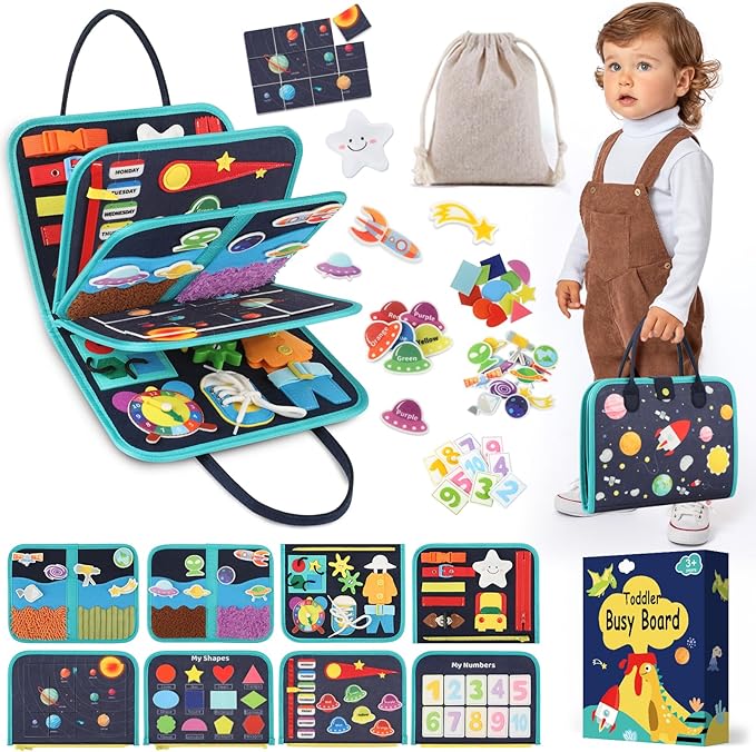 Toddler Sensory Busy Board: Travel Toy Activity Book for Girls Boys, Motor Skill Development Gift for Baby Aged 3-4 Years, Fine Educational Preschool Montessori Learning Toy for Car Airplane Space