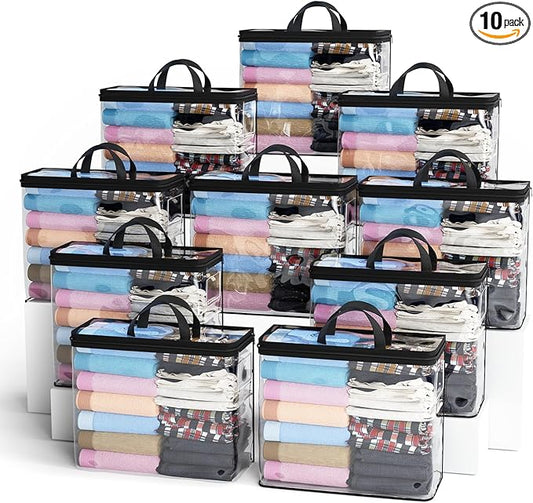 10PACK Clear Zippered Storage Bag for Clothes, 22L Clear Storage Bags, and Blanket Storage Bags for Bedding, Linen, Blankets, Comforters, Clothing & Toys (Black)
