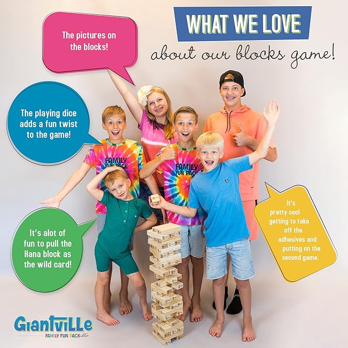 Giantville Giant Tumbling Timber Toy - Premium Pine Wood Life-Size Blocks Tower - Big Floor/Board Indoor/Outdoor Yard Game for Kids & Adults - 54-Blocks + Red Storage/Carry Bag - Grows Almost 4-Feet