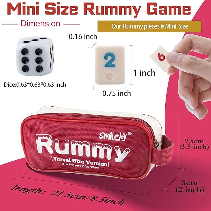 Smilejoy Mini Rummy Cube 4 Players Edition,Travel Rummy Game Set with Portable Canvas Bag,Classic Board Game for Adults and Kids |106 Tiles | 4 Playing Racks |1 Dice | (2-4 Player) 