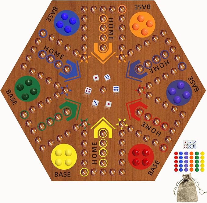Wooden Board Game, Board Game Original Marble Game Double Sided Painted 2 to 6 Player Fast Track Wooden with 6 Colors 24 Marbles 6 Dice for Adults Kids Family(24 INCH Flame)