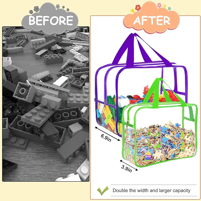 6 Colors Large Toy Storage Bags with Labels, Reusable Clear PVC Board Game Storage, Travel Waterproof Organizer Bags with Zipper for Building Blocks, Puzzle, Kids Books(3 large & 3 Extra Large)