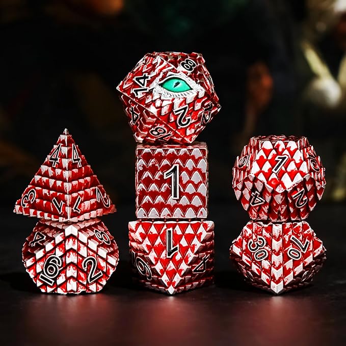 Dragon Eye Metal Dice Set - 7 Pcs Dragon Scale Metallic D&D Dice, Gift Box (Red Dragon Scale & Green Eye)