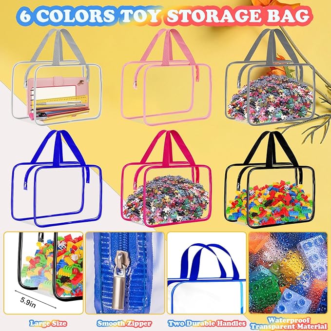 AOBOPLE 6 Pack Extra Large Toy Storage Bags with Zipper,11.8×8.7×5.9in Reusable Clear Toy Organizer Bags with Labels Toy Bags for Board Games, Building Blocks, Puzzles, Small Toys and Kids Books