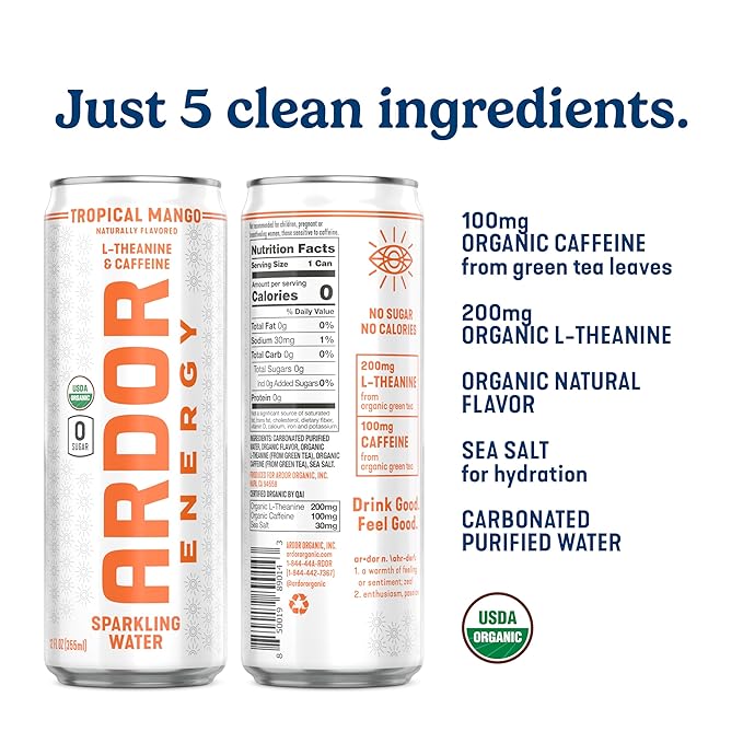 ARDOR ENERGY Sparkling Water with 100mg Natural Caffeine & 200mg L-Theanine from Organic Green Tea for Smooth Energy & Focus | Healthy Energy Drink | No Sugar, Zero Calories, Vegan, Gluten-Free | Tropical Variety (Pack of 12, 12oz cans)