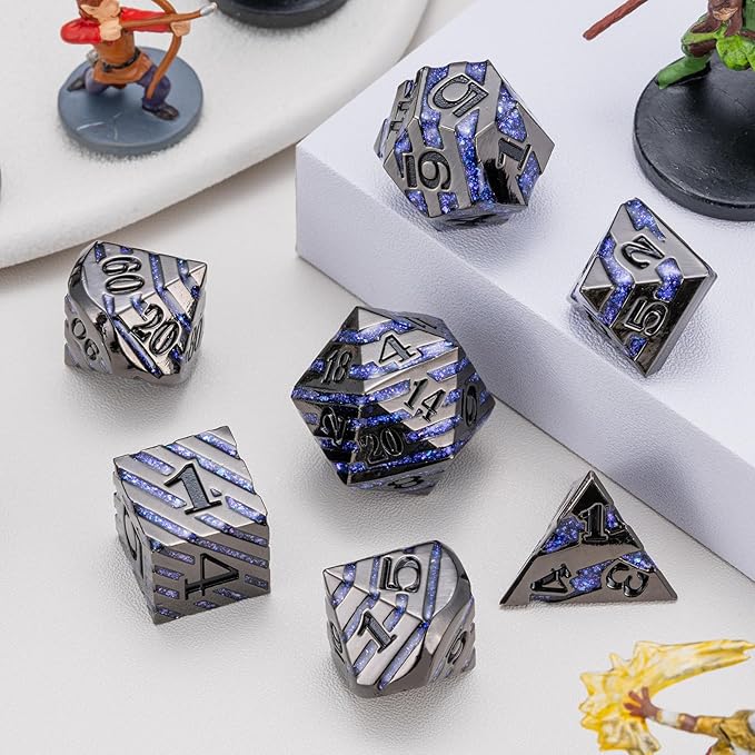 Anitque Metal Dice D&D,Metal Glitter Stripe Dice 7pcs Set with Gift Case,Polyhedral Dice for Role Playing Game (Black Nickel Dark Purple)