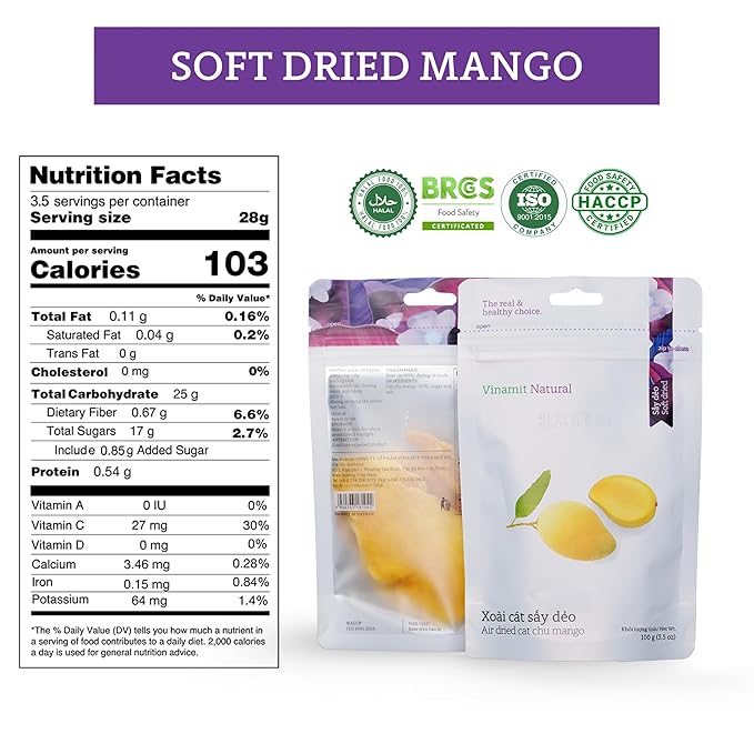 Vinamit Air Dried Mango | Naturally Sweet Mango Slices | 3.5 oz Bag | Vegan, Non-GMO, Gluten-Free & Low Added Sugar | Rich in Potassium | Ideal for Travel, Healthy Snacking