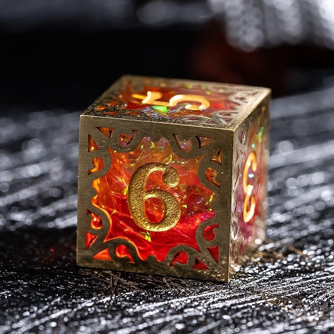 Cusdie 7-Piece Metal Frame Sharp Edges DND Dice Set with Metal Frame- Perfect for Tabletop RPGs Board Games Gifting and Collecting(Red and Yellow)