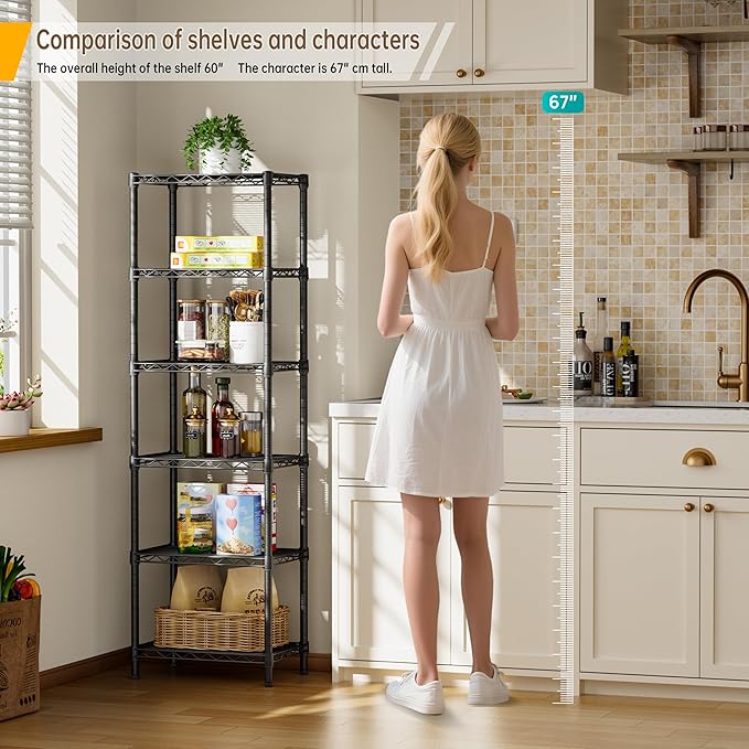 6 Tier Adjustable Storage Shelves Narrow Mesh Gaps Metal Utility Shelf Wire Shelving Unit Organizer Rack for Home Kitchen Office Bathroom Pantry Room10 D x 16" W x 60" H Black