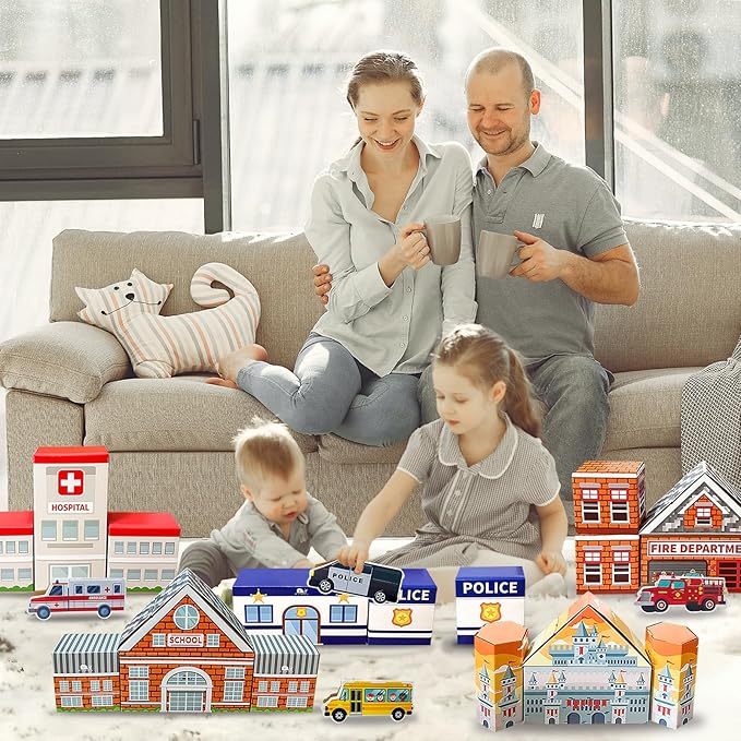 Cardboard Building Blocks, 31 Pack for Kids Jumbo With 5 Building Designs, Thick Pretend Brick Blocks for Building and Stacking Game