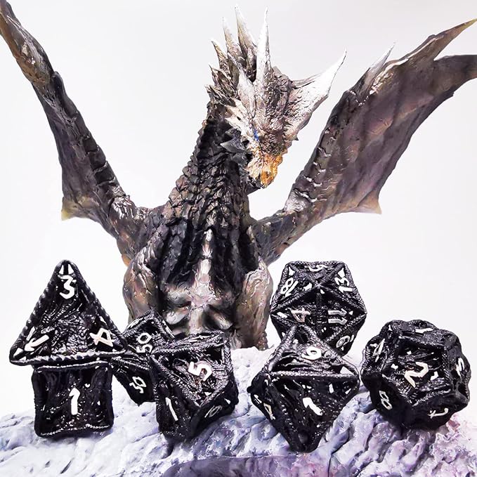 HAOMEJA Dice Hollow DND Dragon Metal Dice Set 7 Role Playing Dice D&D Dungeons and Dragons Dice (Black)