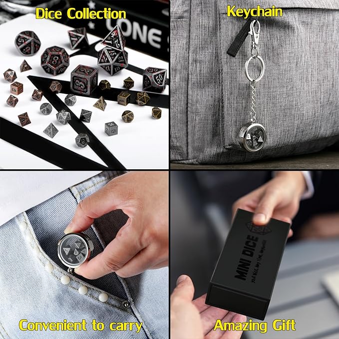 Mini DND Dice,DNDND 6mm Metal Dice Set with Kyechain Silver Stailess Steel Case and Gorgeous Gift Box for Dungeons and Dragon D&D Game (Iron with Silver Case)
