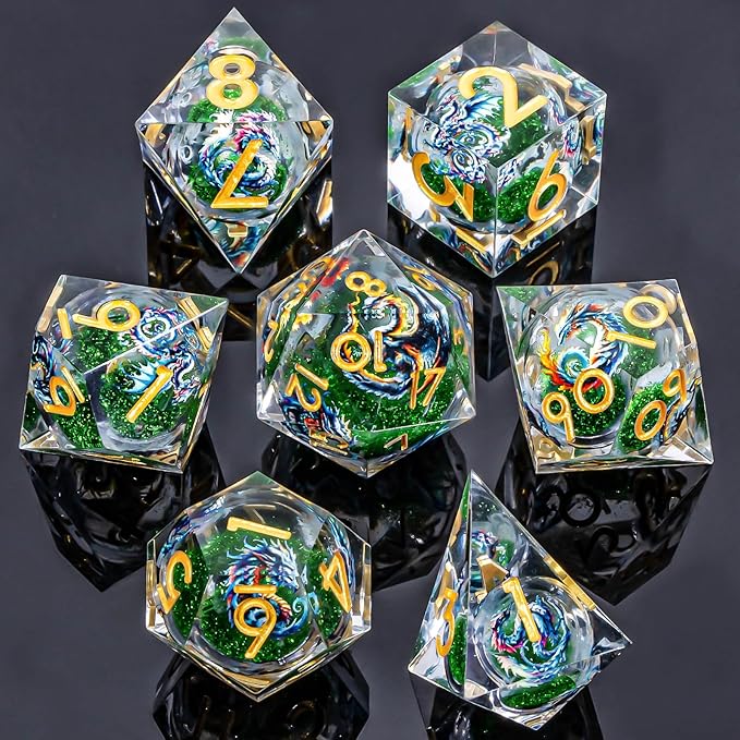 Dragon Pattern Liquid Core DND Dice Set, 7Pcs Sharp Edge D&D Dice with Gift Box, Green Resin Dungeons Dragons D and D Role Playing Dice D20 D12 D10 D8 D6 D4