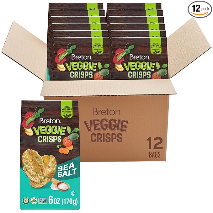 Breton Veggie Crisps Sea Salt (Pack of 12) - Popped not Fried Crisps, Made with Real Vegetables, Light and Crispy Gluten Free Chips, Snacks for School, Lunch Box and More, 12x6oz