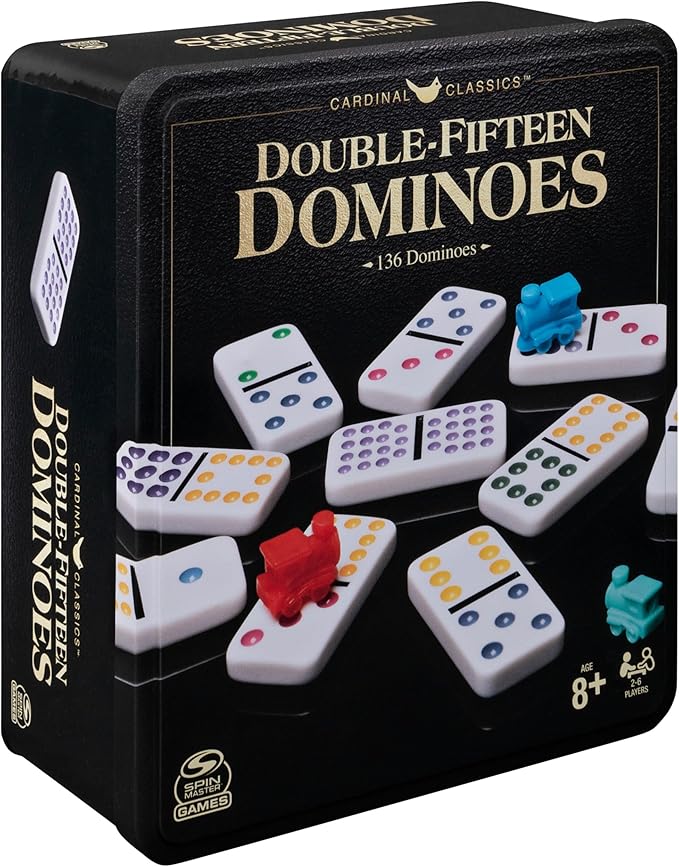 Spin Master Games, Cardinal Classics Double 15 Dominoes Set in Storage Tin, Family Board Games, 2-6 Players, for Ages 8 & Up