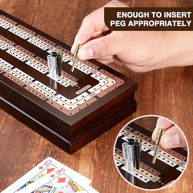 VAMSLOVE Wooden Cribbage Board Game Magnetic 3-Track Scoreboard with Large Slots for Storing 2 Playing Cards and 9 Metal Pegs, Travel Family Game Night (Instruction Included