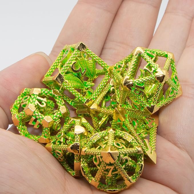 DND Dice,HNCCESG Metal D&D Dice of 7pc,Dungeons and Dragons Dice Set Polyhedral Dice Role Playing Dice Set Hollow Dice Gaming D D Gift for Table Game RPG Shadowrun (Gilt Green)